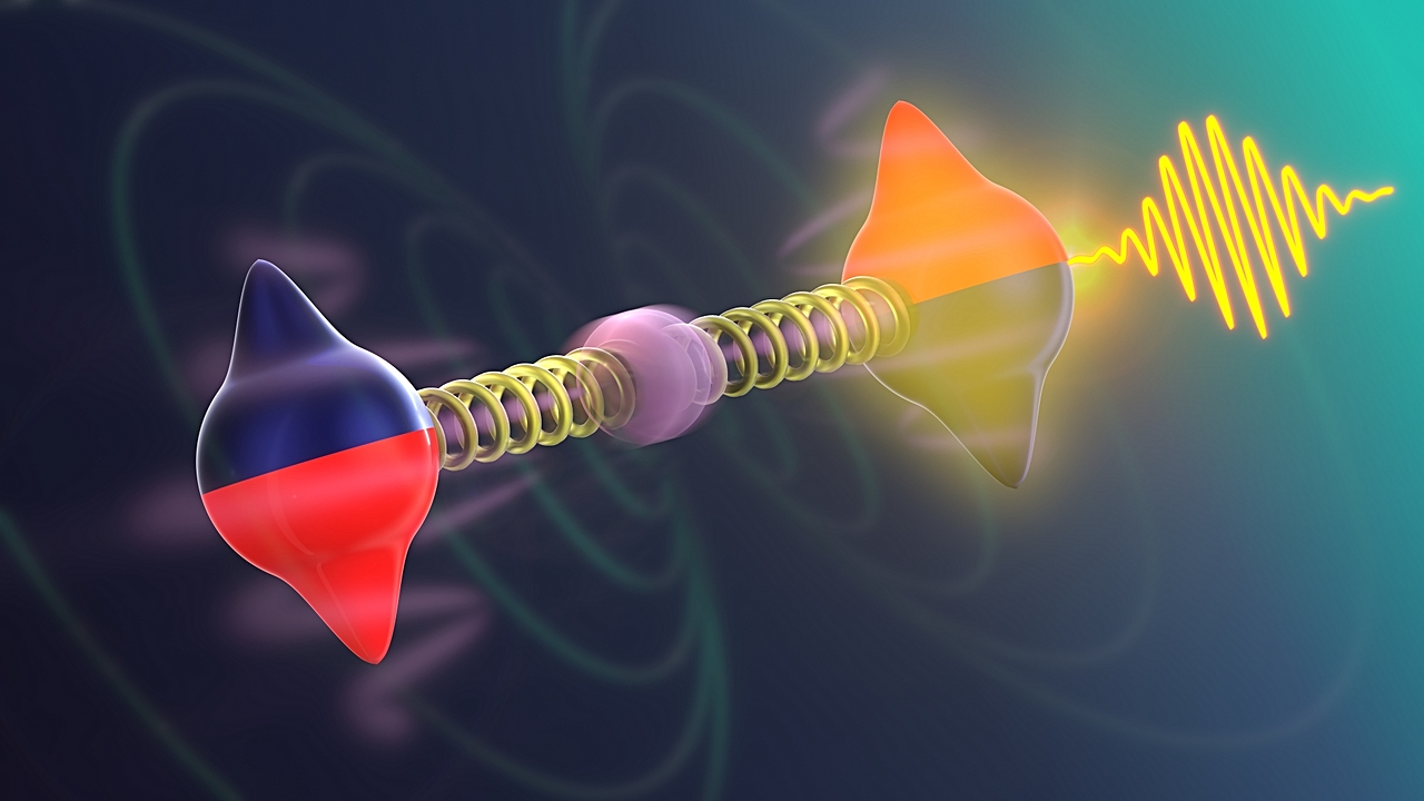 Foto: Künstlerische Illustration der Magnon-Phonon-Fermi-Resonanz in einem Antiferromagneten. ©Copyright: B. Schröder / HZDR