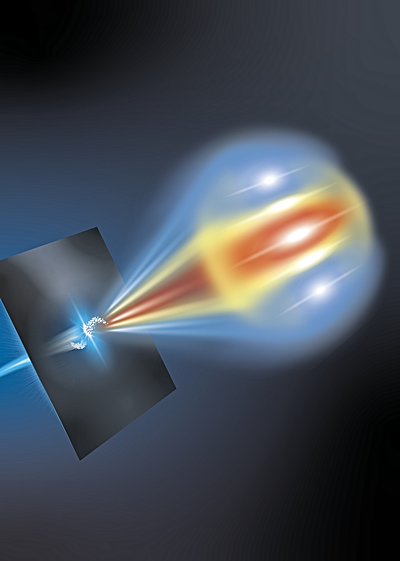 Foto: Ein strukturierter Elektronenstrahl (modulierte Gruppe weißer Kugeln) durchdringt eine Metallfolie von links nach rechts und erzeugt dabei eine kohärente optische Übergangsstrahlung (COTR). Diese Strahlung kodiert für jede Wellenlänge eine eindeutige Information über die Struktur des Strahls, wie sie durch die verschiedenen roten, gelben und blauen Strahlungsmuster dargestellt wird. ©Copyright: HZDR / Blaurock